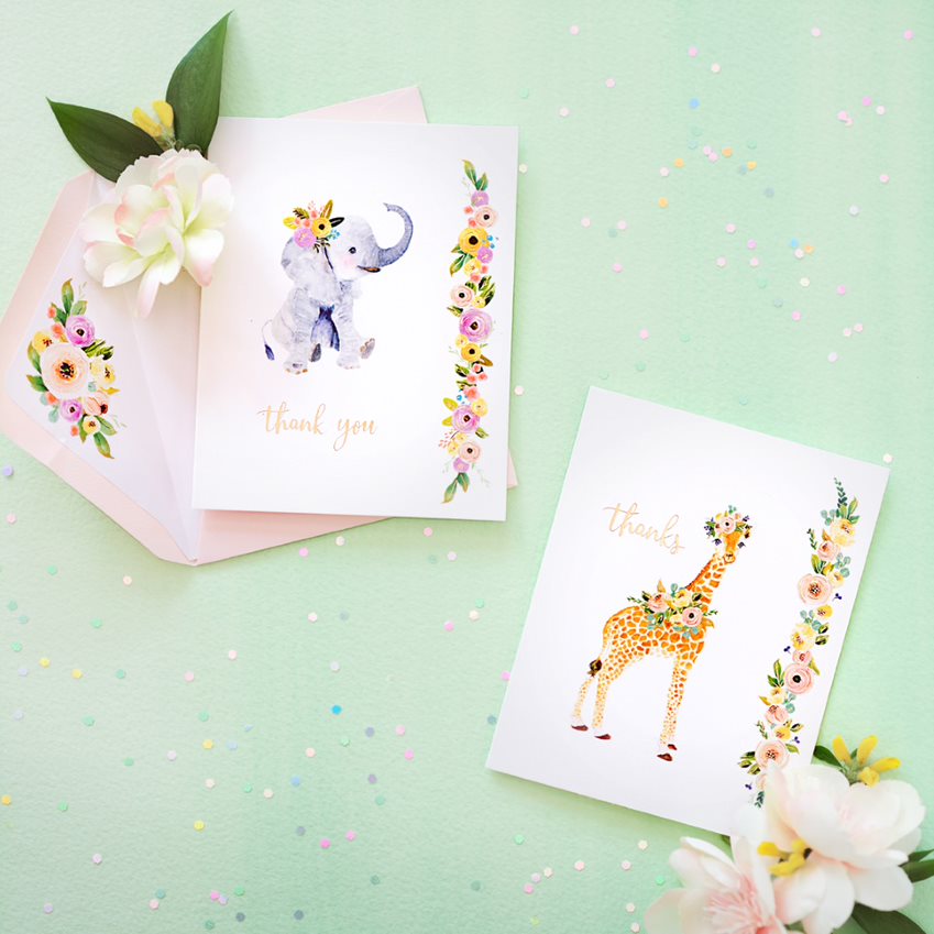 Elephant and Giraffe Baby Shower Thank You Stationery with Flowers